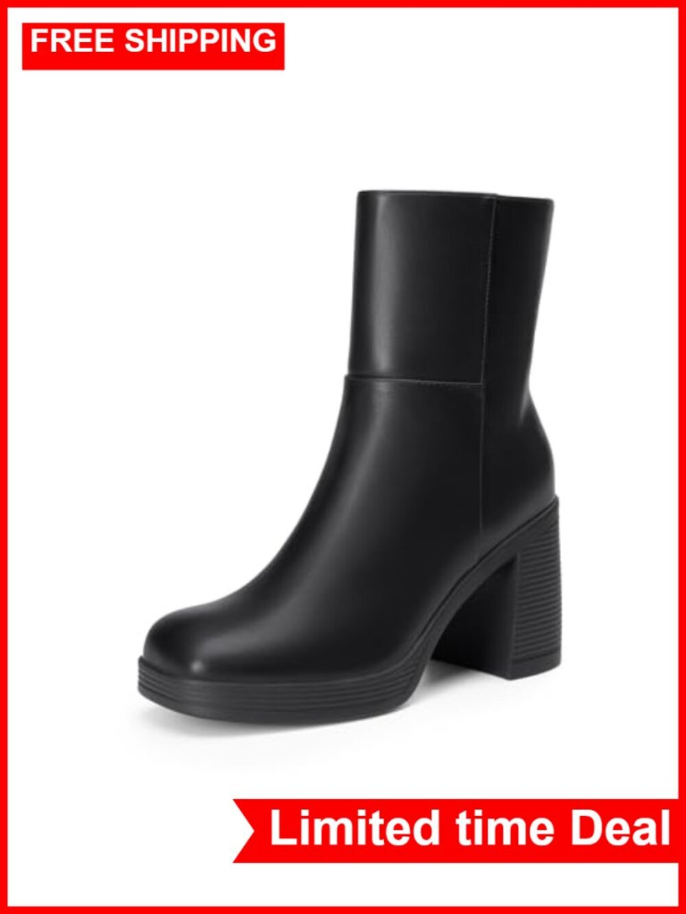 Women's Square Toe Platform Ankle Booties Faux Leather Chunky Heel Zip Gogo